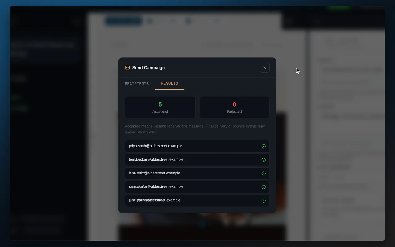 Adding five recipients, choosing an email and sending it from Seqoura, with delivery results